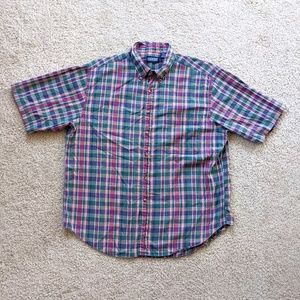 Lands' End Button Up Shirt Men's XL Green Purple Plaid